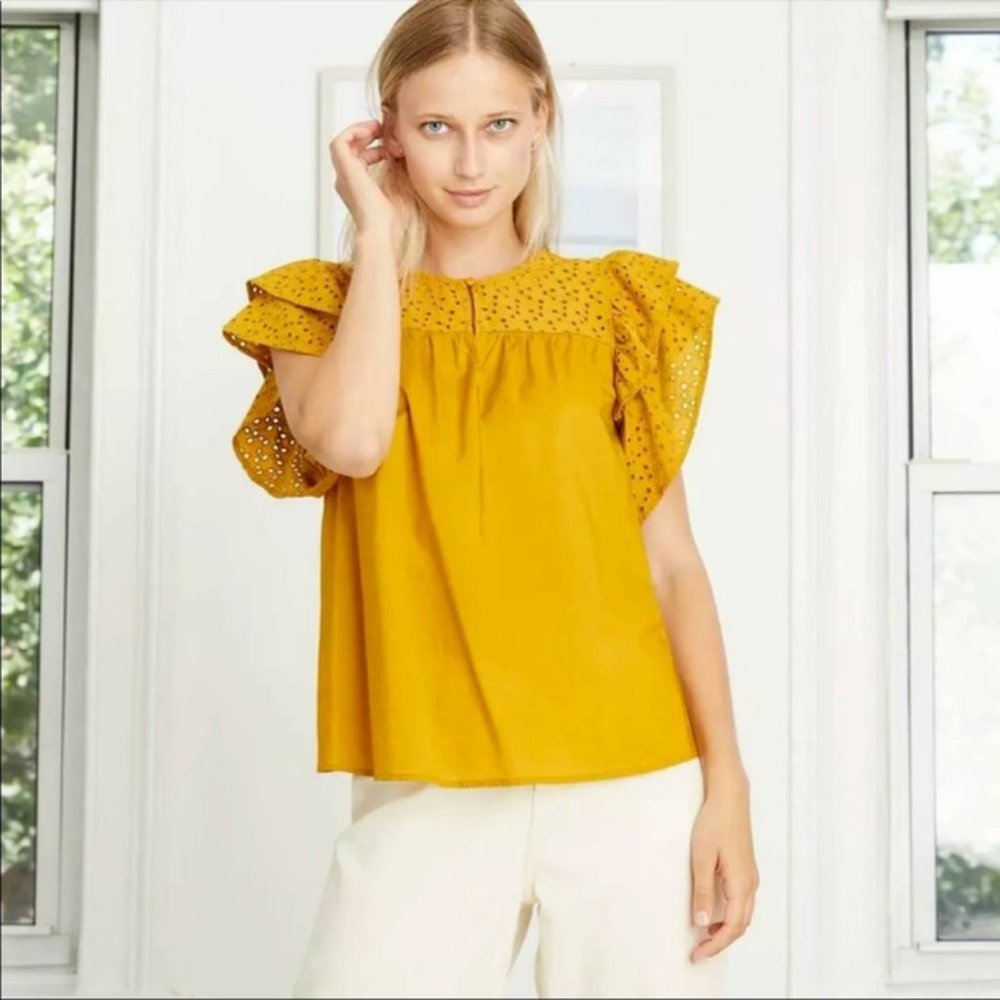 A New Day Ruffled Short Sleeve Olive Eyelet Top